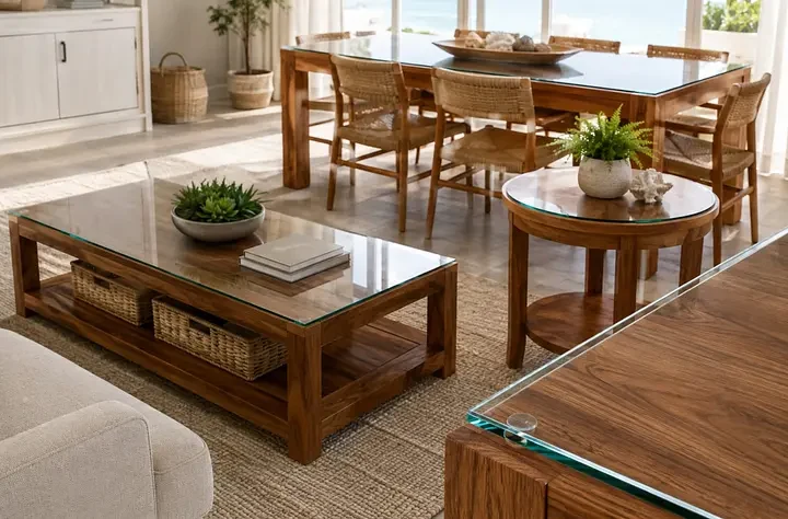Glass tabletop in a waterfront dining space.