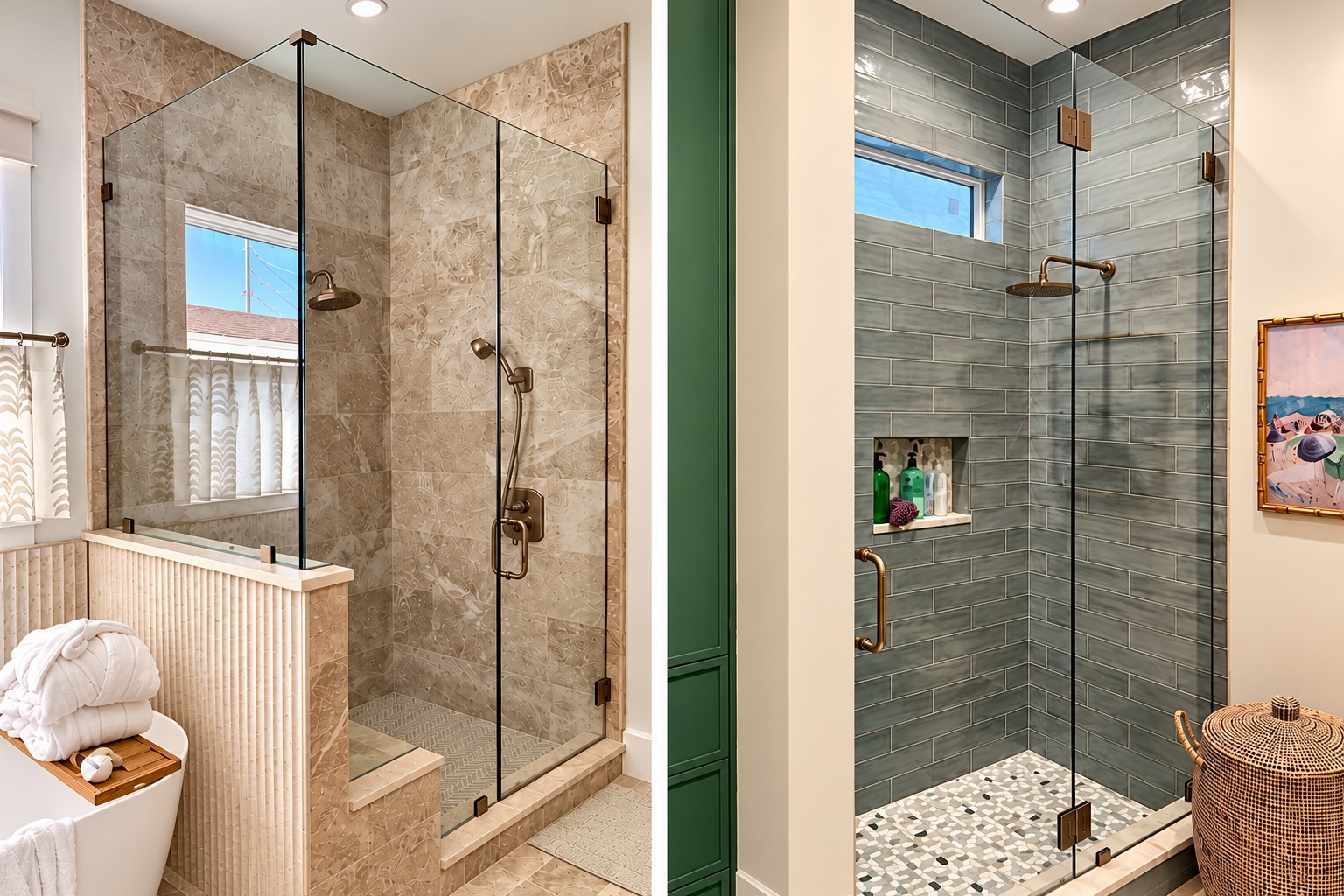 Two frameless glass shower enclosures with brass hardware, beige patterned tile and gray subway tile.